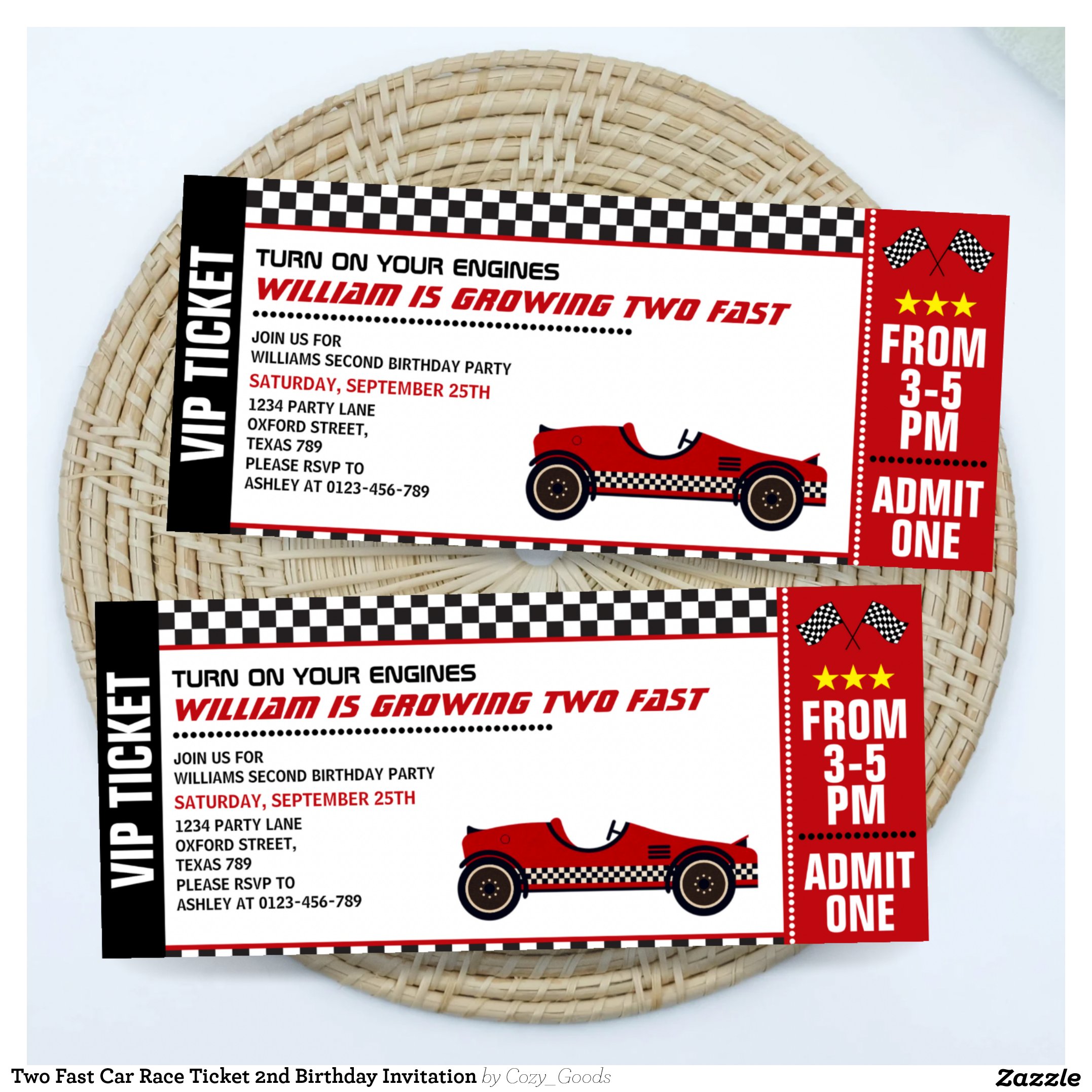 Two Fast Car Race Ticket 2nd Birthday Invitation