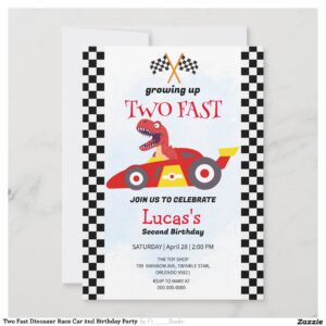 Two Fast Dinosaur Race Car 2nd Birthday Party  Invitation