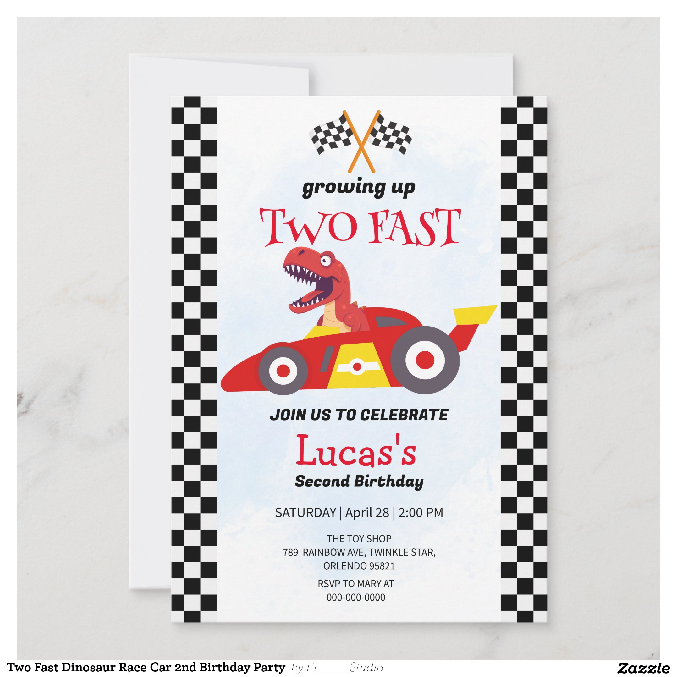 Two Fast Dinosaur Race Car 2nd Birthday Party Invitation