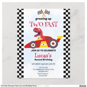 Two Fast Dinosaur Race Car 2nd Birthday Party  Postcard