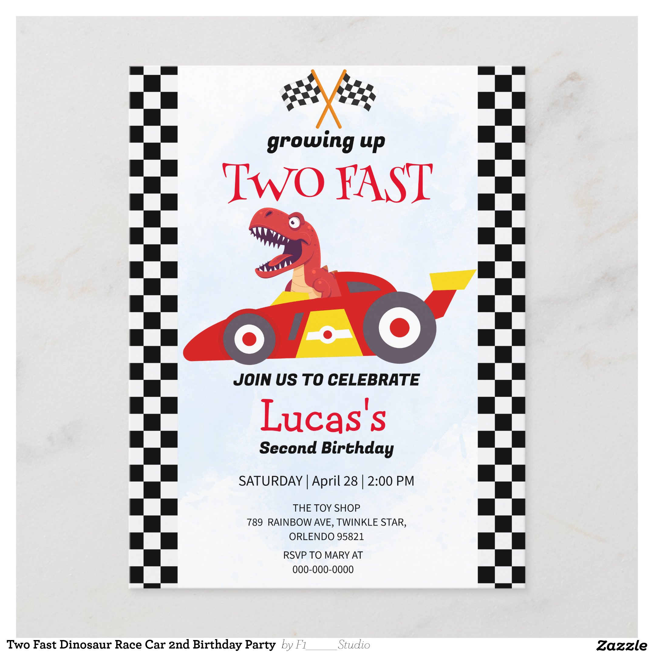 Two Fast Dinosaur Race Car 2nd Birthday Party  Postcard