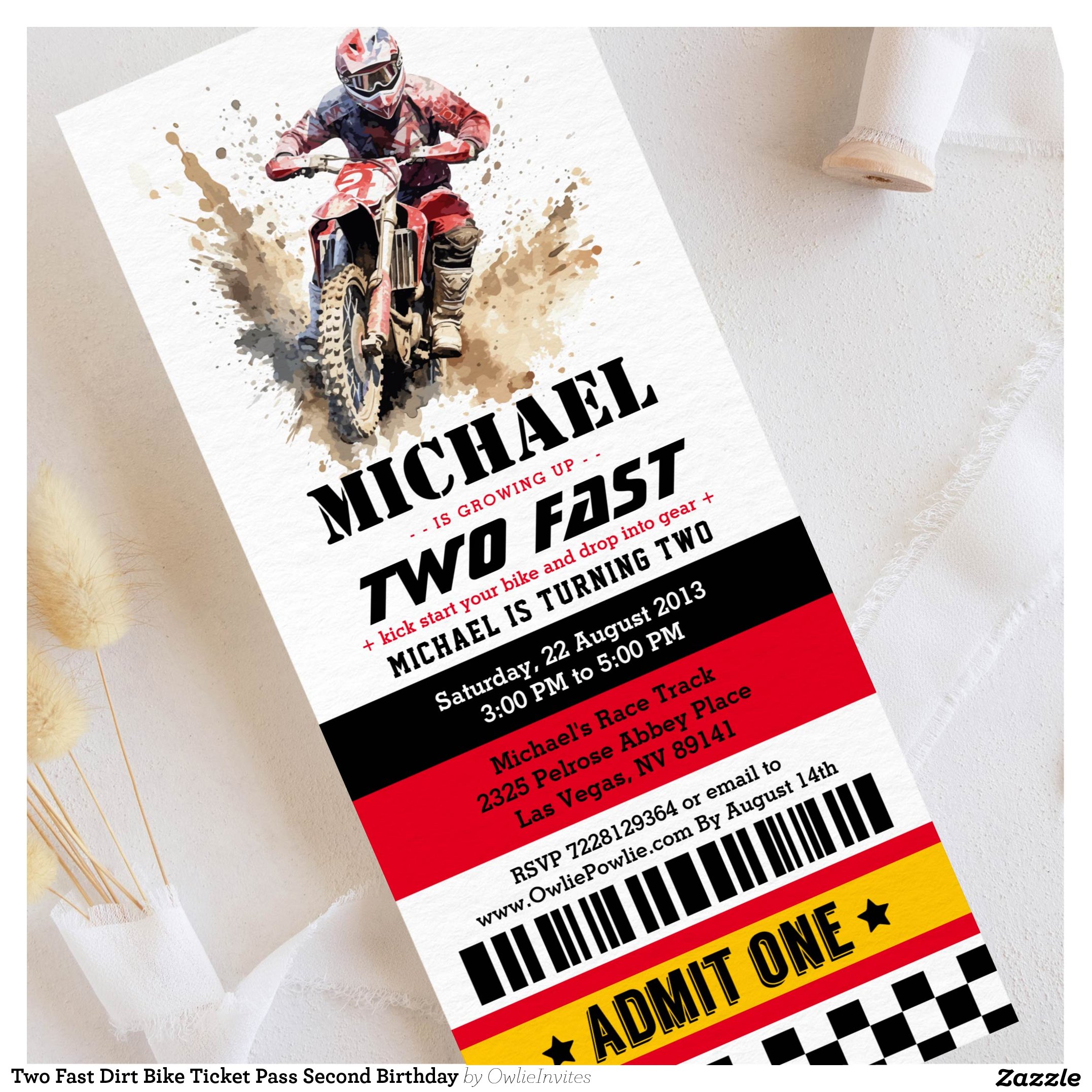 Two Fast Dirt Bike Ticket Pass Second Birthday Invitation
