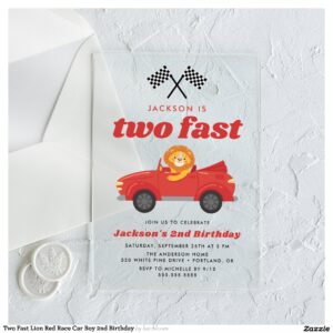 Two Fast Lion Red Race Car Boy 2nd Birthday Acrylic Invitations