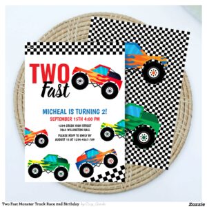 Two Fast Monster Truck Race 2nd Birthday Invitation