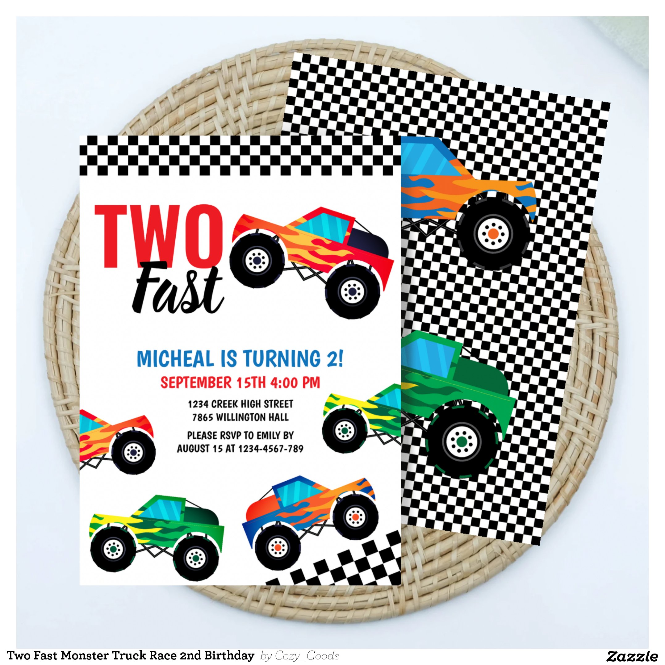 Two Fast Monster Truck Race 2nd Birthday Invitation