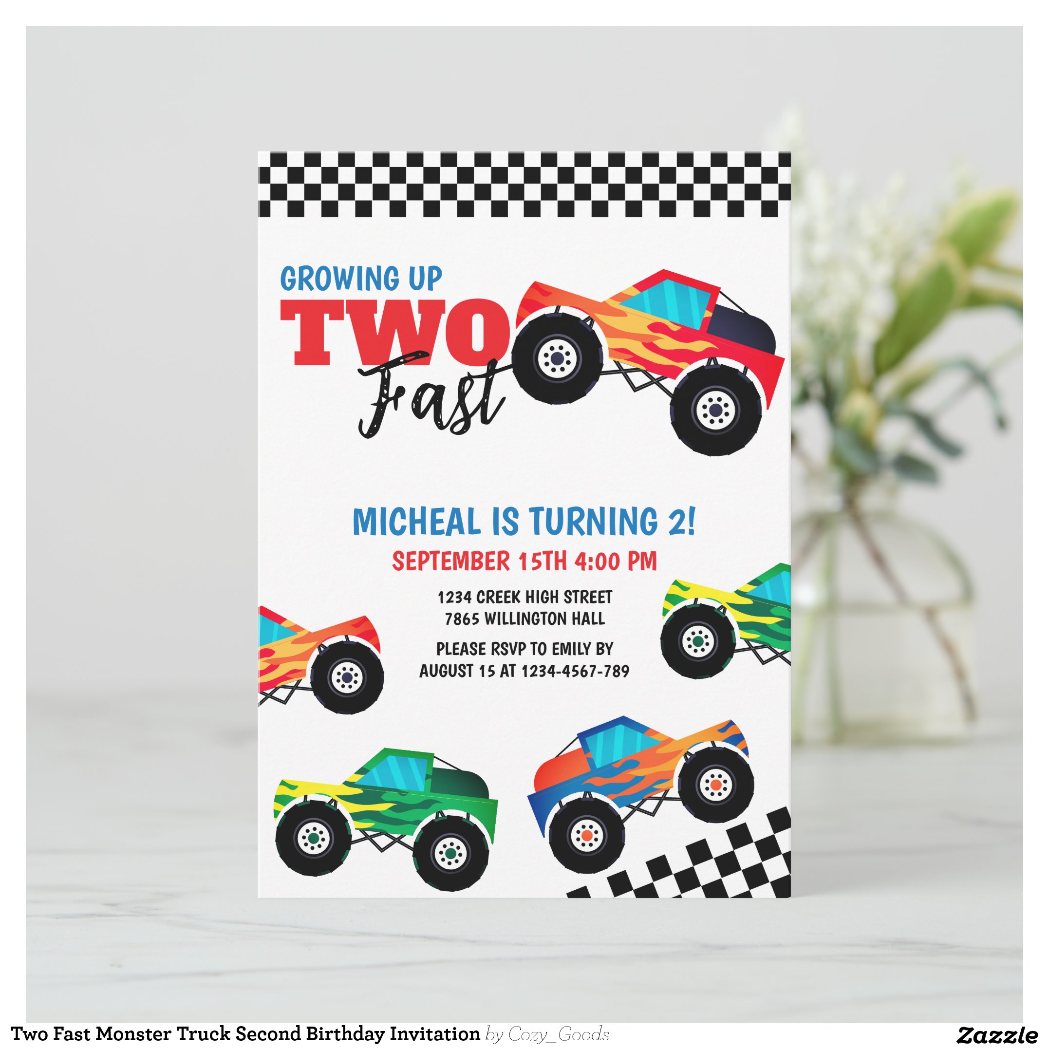 Two Fast Monster Truck Second Birthday Invitation