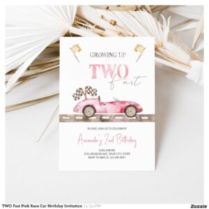TWO Fast Pink Race Car Birthday Invitation