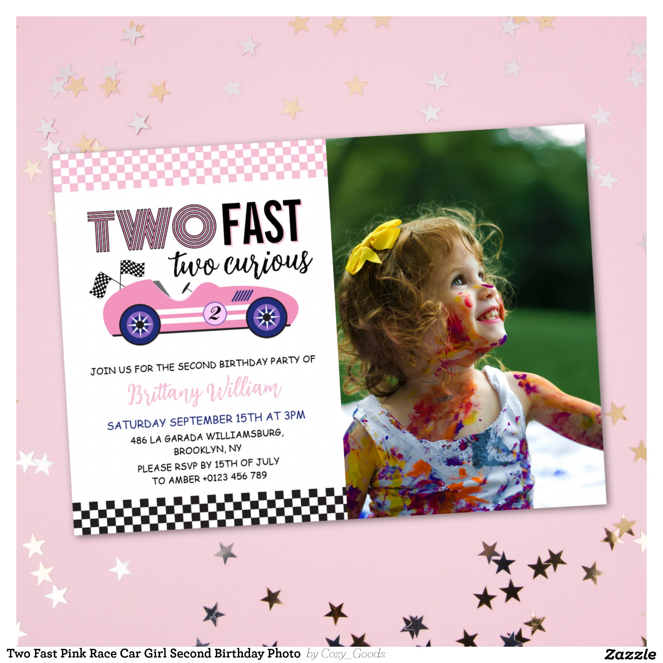 Two Fast Pink Race Car Girl Second Birthday Photo  Invitation