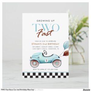 TWO Fast Race Car 2nd Birthday Blue boy Invitation