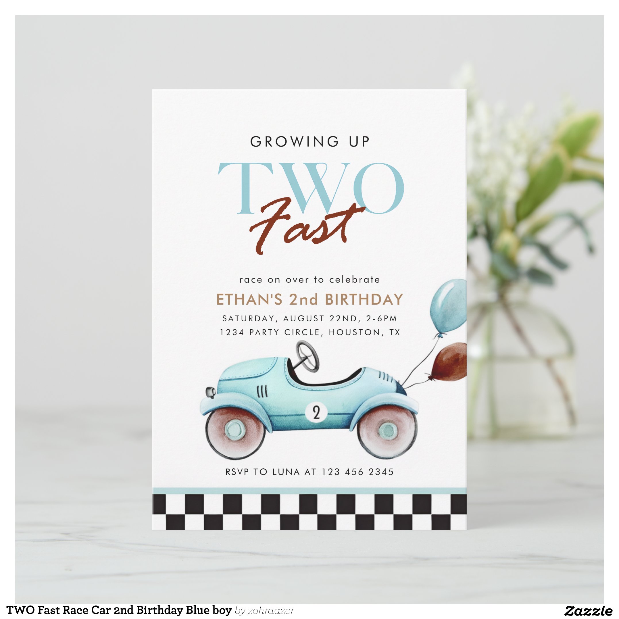 TWO Fast Race Car 2nd Birthday Blue boy Invitation