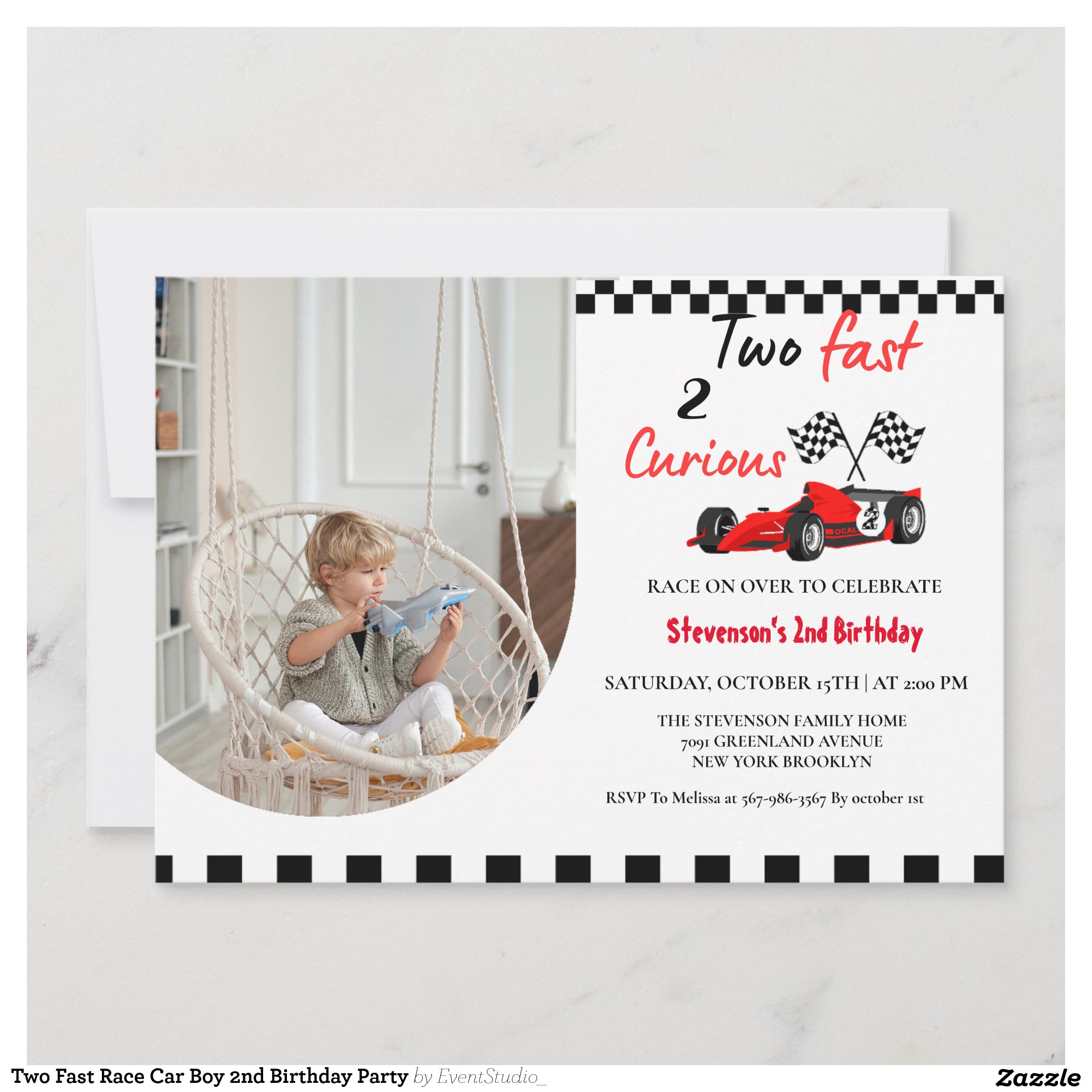 Two Fast Race Car Boy 2nd Birthday Party Invitation