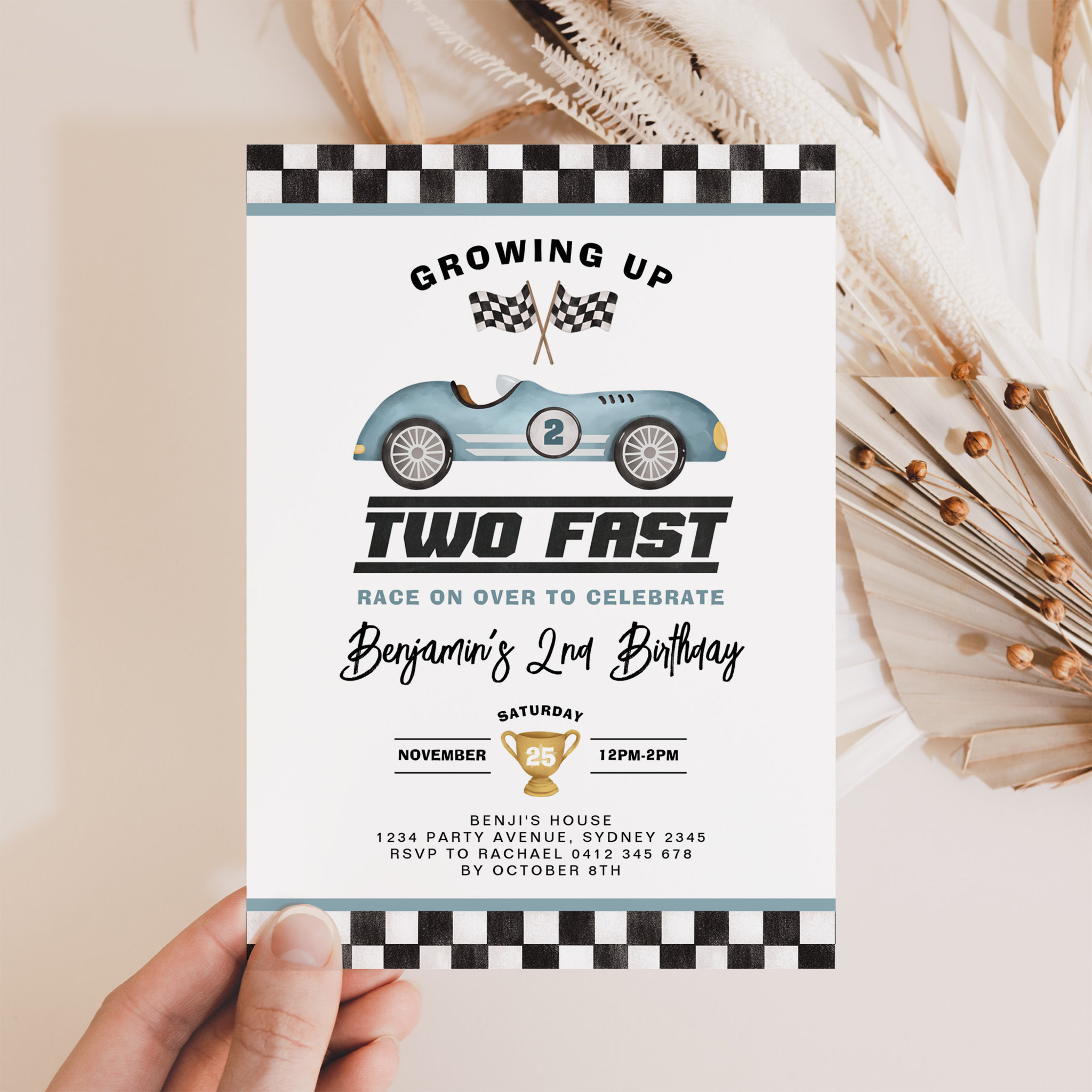 Two Fast Race Car Boy 2nd Birthday Party Invitation
