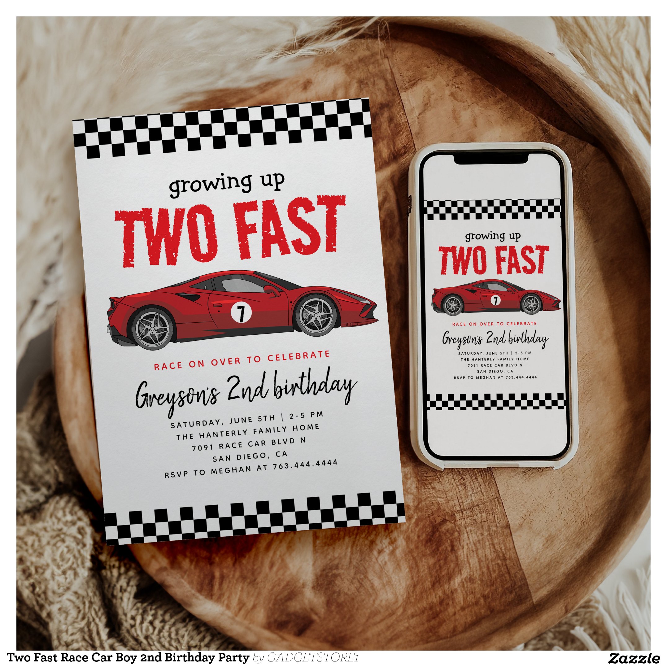 Two Fast Race Car Boy 2nd Birthday Party Invitation