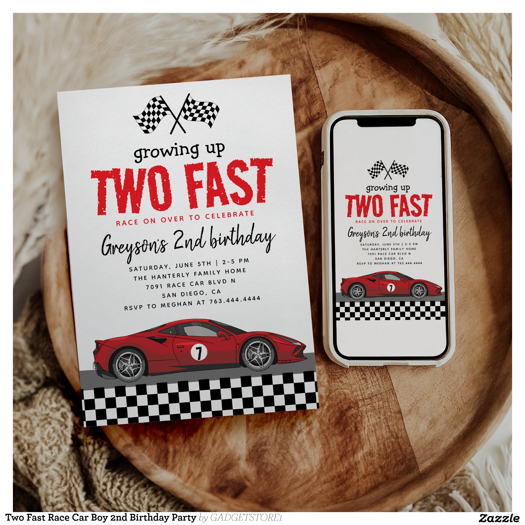 Two Fast Race Car Boy 2nd Birthday Party Invitation