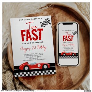 Two Fast Race Car Boy 2nd Birthday Party Invitation
