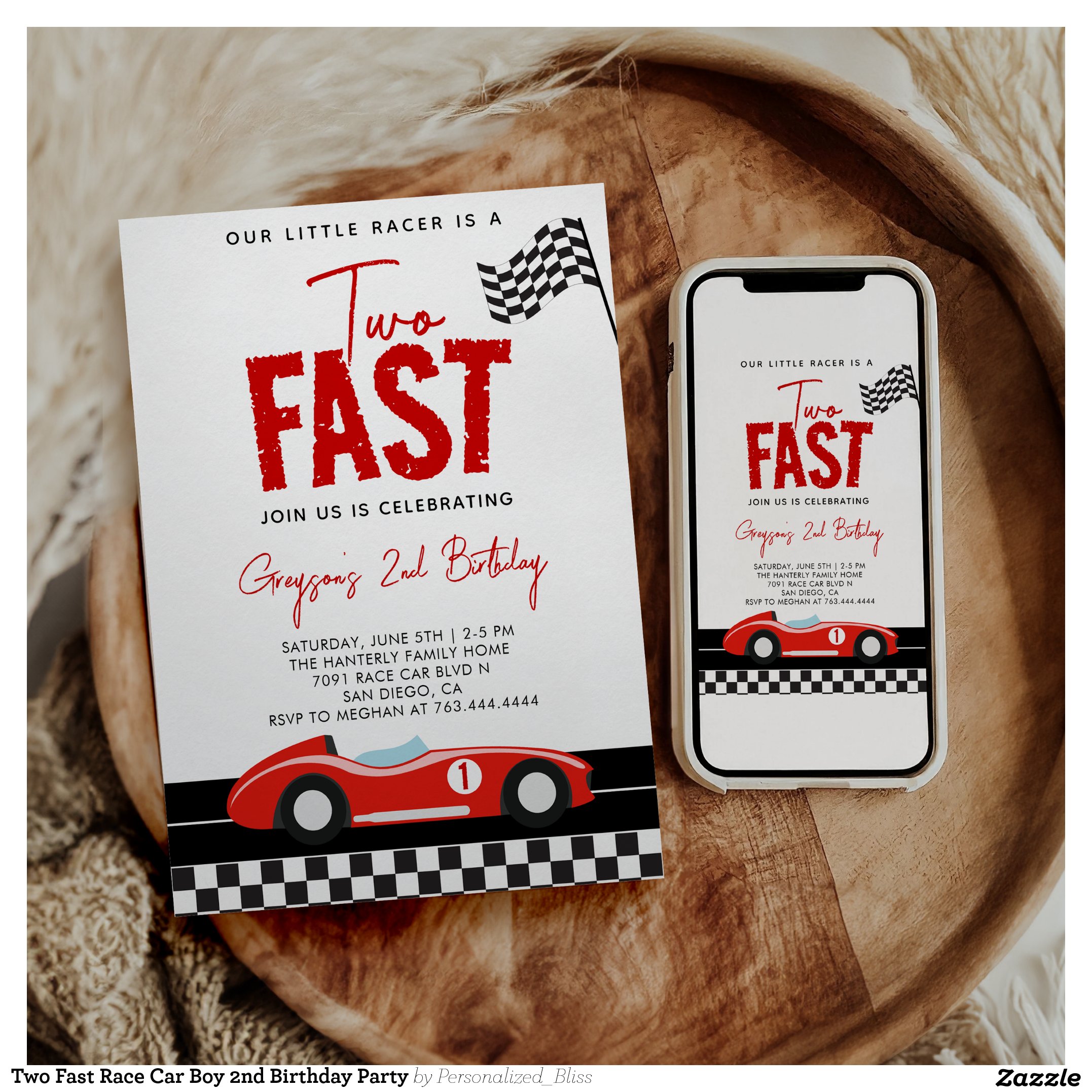 Two Fast Race Car Boy 2nd Birthday Party Invitation