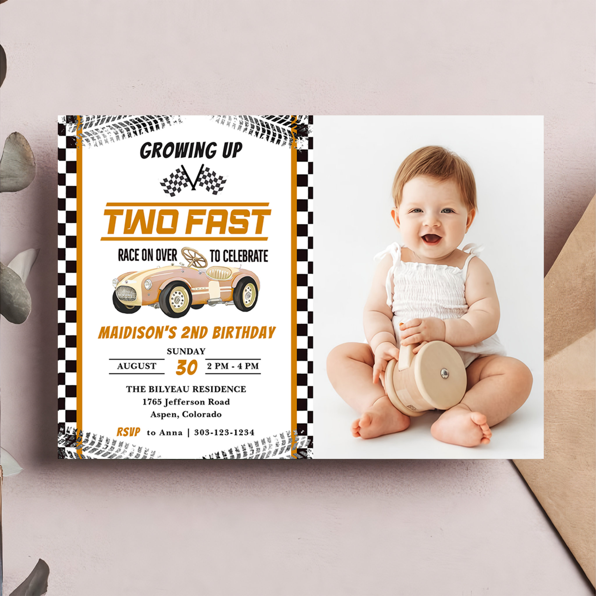 Two Fast Race Car Boy 2nd Birthday Party Photo  Invitation