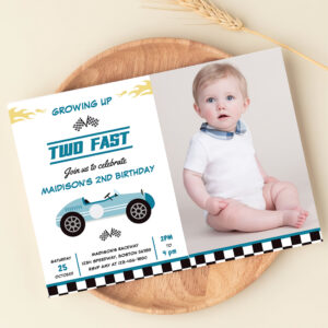 Two Fast Race Car Boy 2nd Birthday Party Photo Invitation