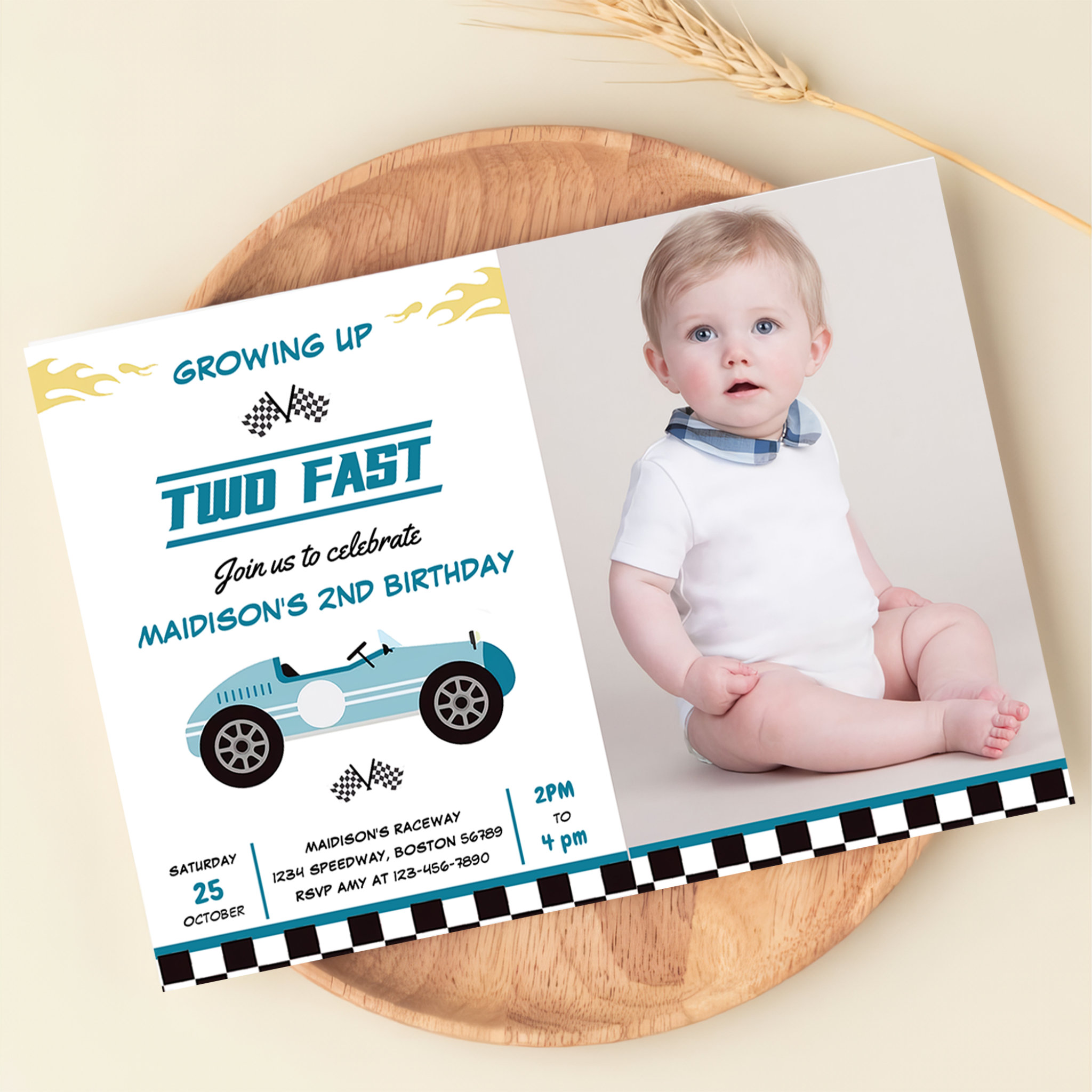 Two Fast Race Car Boy 2nd Birthday Party Photo  Invitation