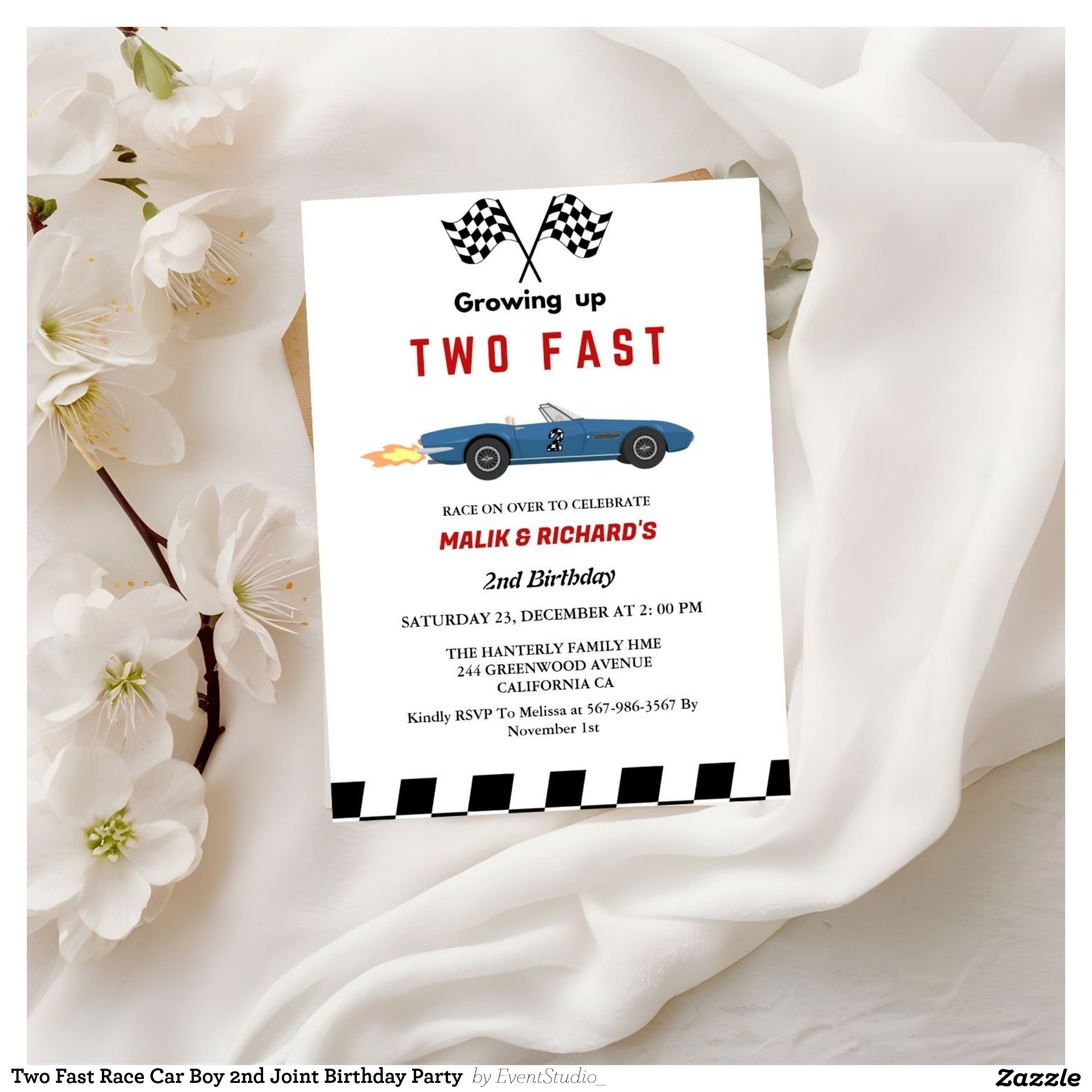 Two Fast Race Car Boy 2nd Joint Birthday Party Invitation