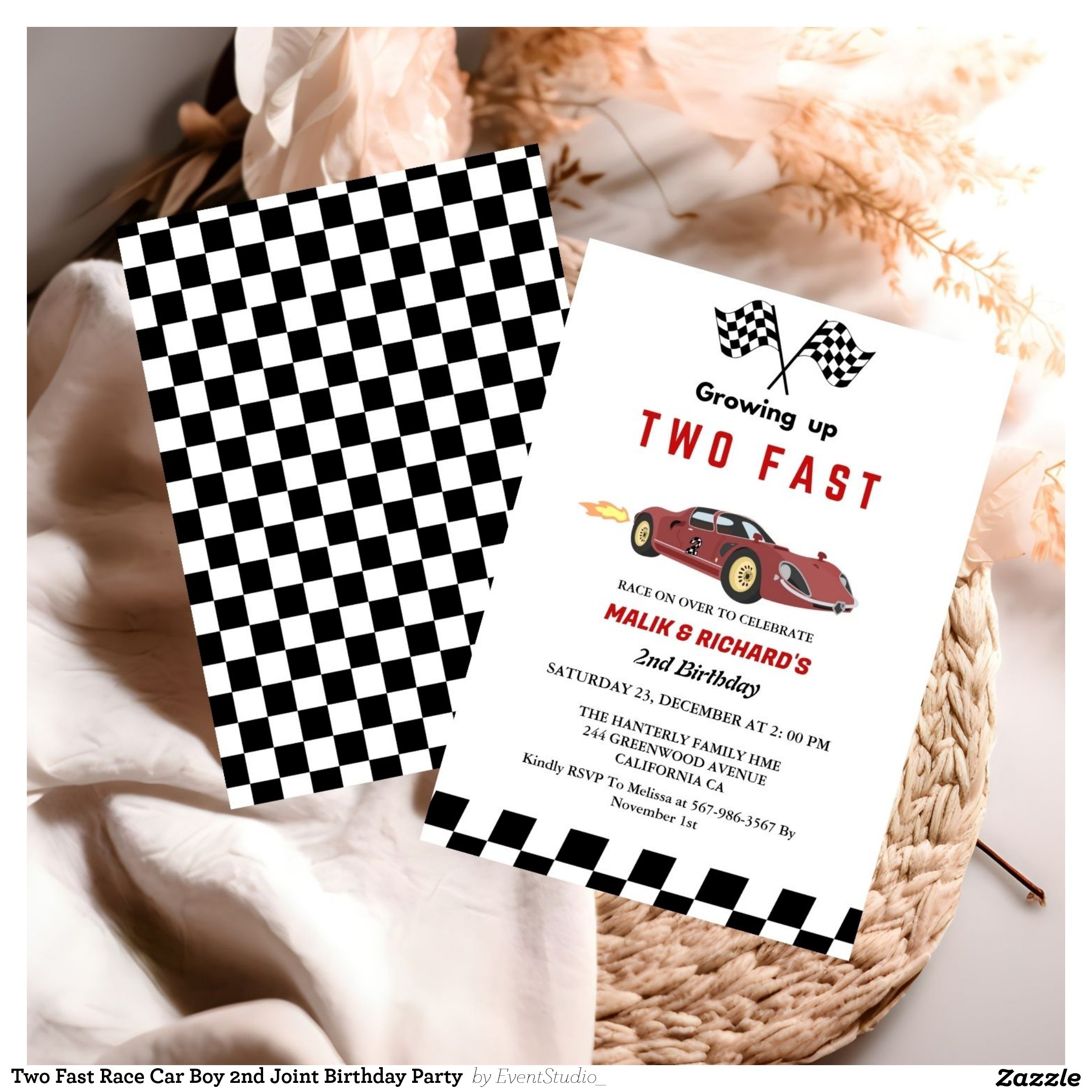 Two Fast Race Car Boy 2nd Joint Birthday Party  Invitation