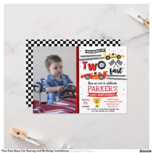 Two Fast Race Car Racing 2nd Birthday Invitations