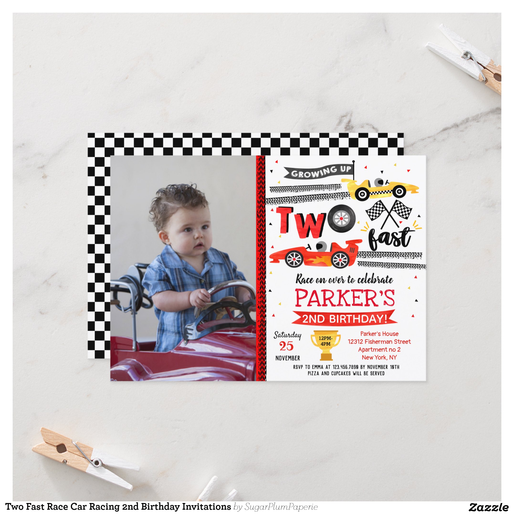 Two Fast Race Car Racing 2nd Birthday Invitations