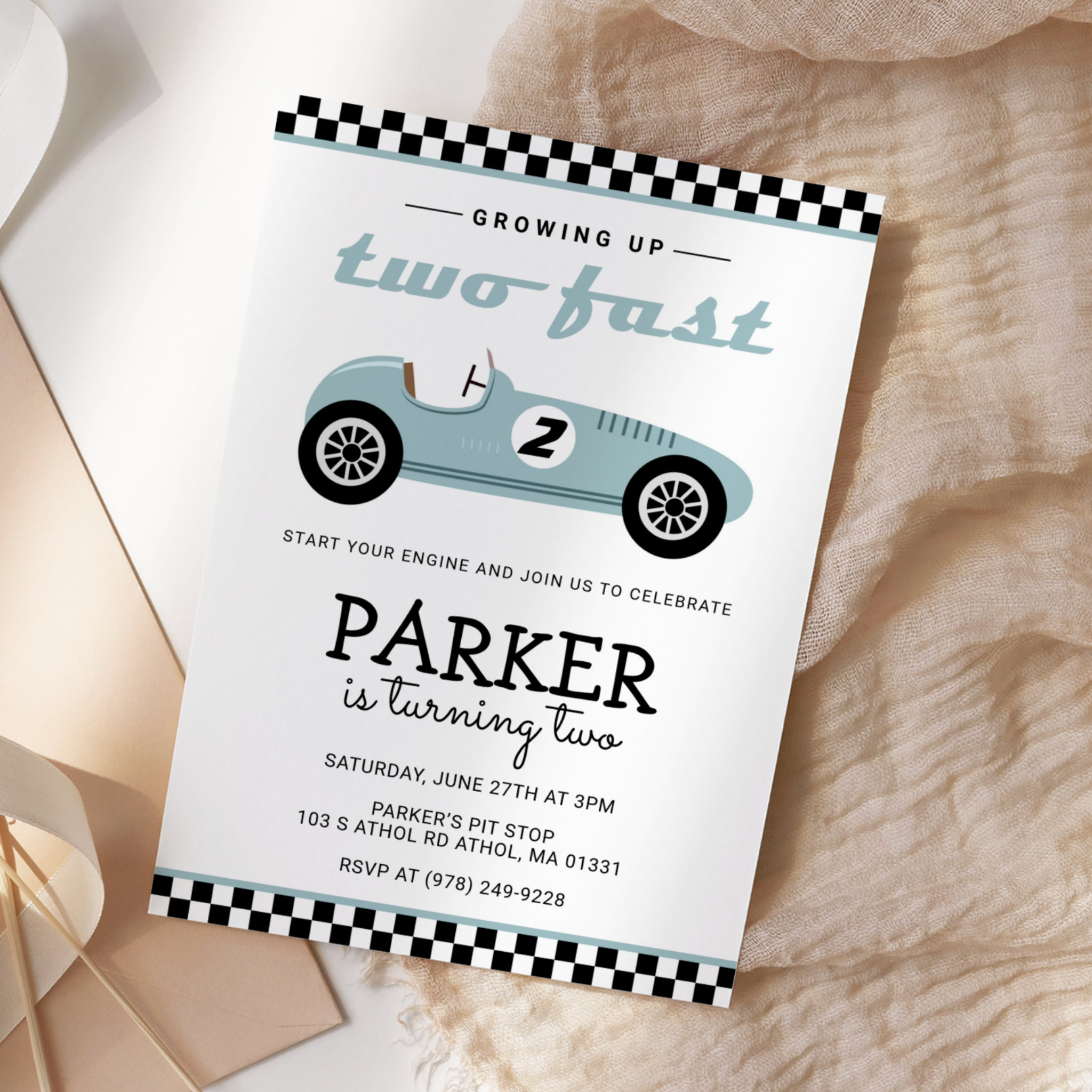 Two Fast Race Car Racing Birthday Blue Invitation