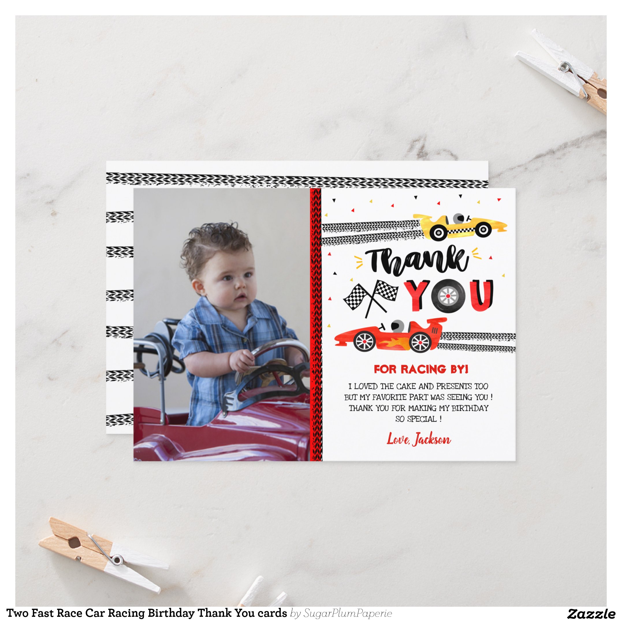 Two Fast Race Car Racing Birthday Thank You cards