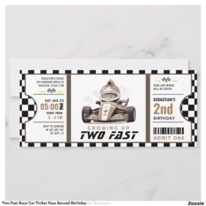 Two Fast Race Car Ticket Pass Second Birthday Invitation