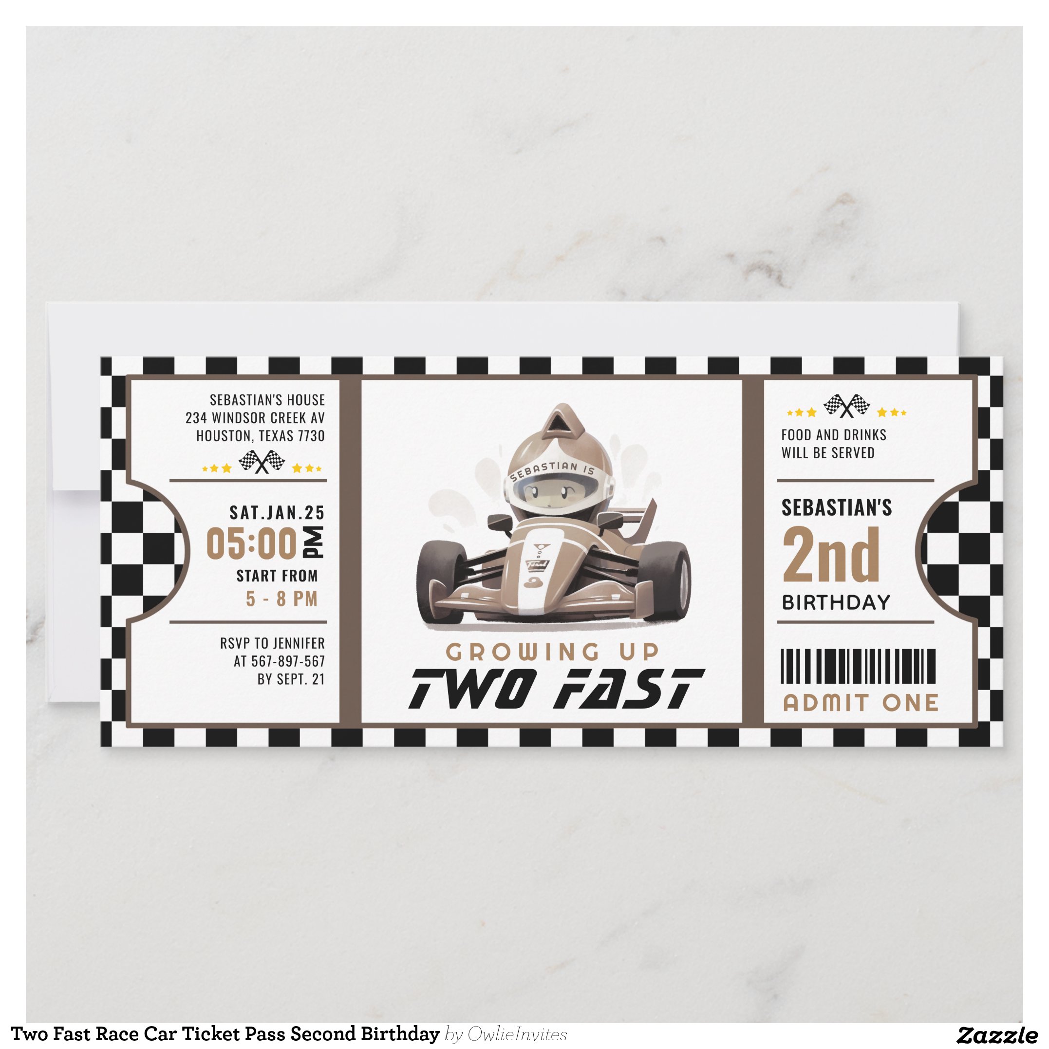 Two Fast Race Car Ticket Pass Second Birthday Invitation