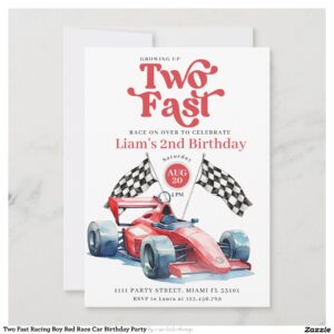 Two Fast Racing Boy Red Race Car Birthday Party Invitation