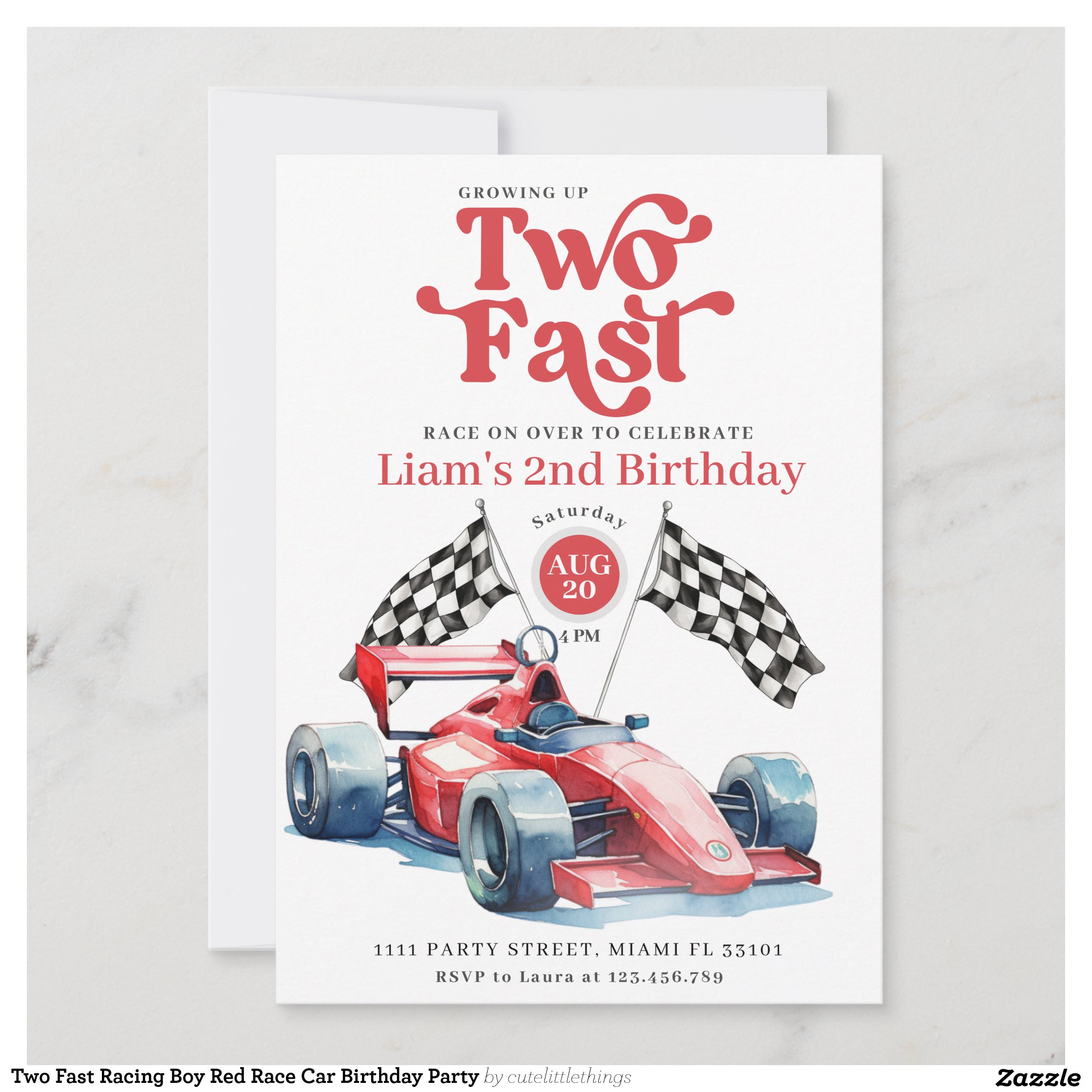 Two Fast Racing Boy Red Race Car Birthday Party Invitation