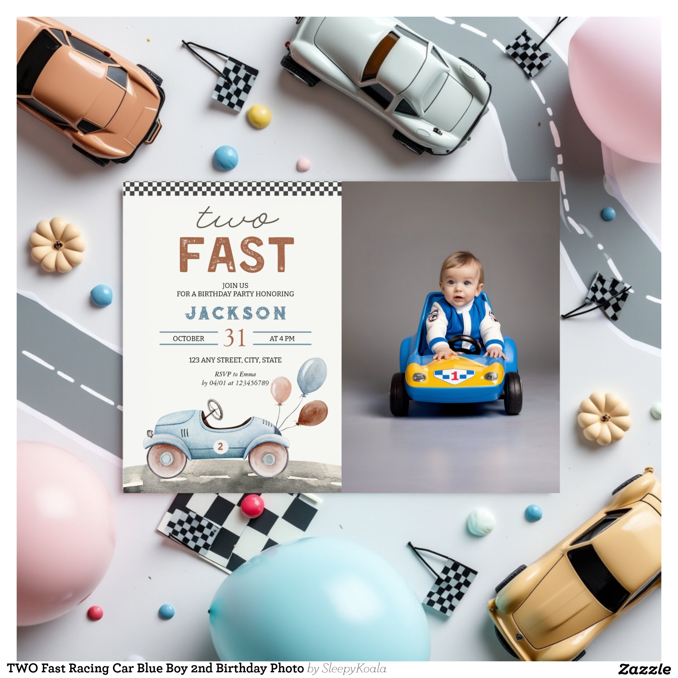 TWO Fast Racing Car Blue Boy 2nd Birthday Photo Invitation