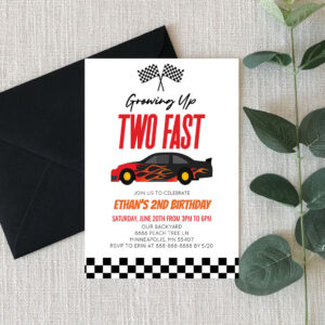 Two Fast Red Flame Race Car 2nd Birthday Party Invitation