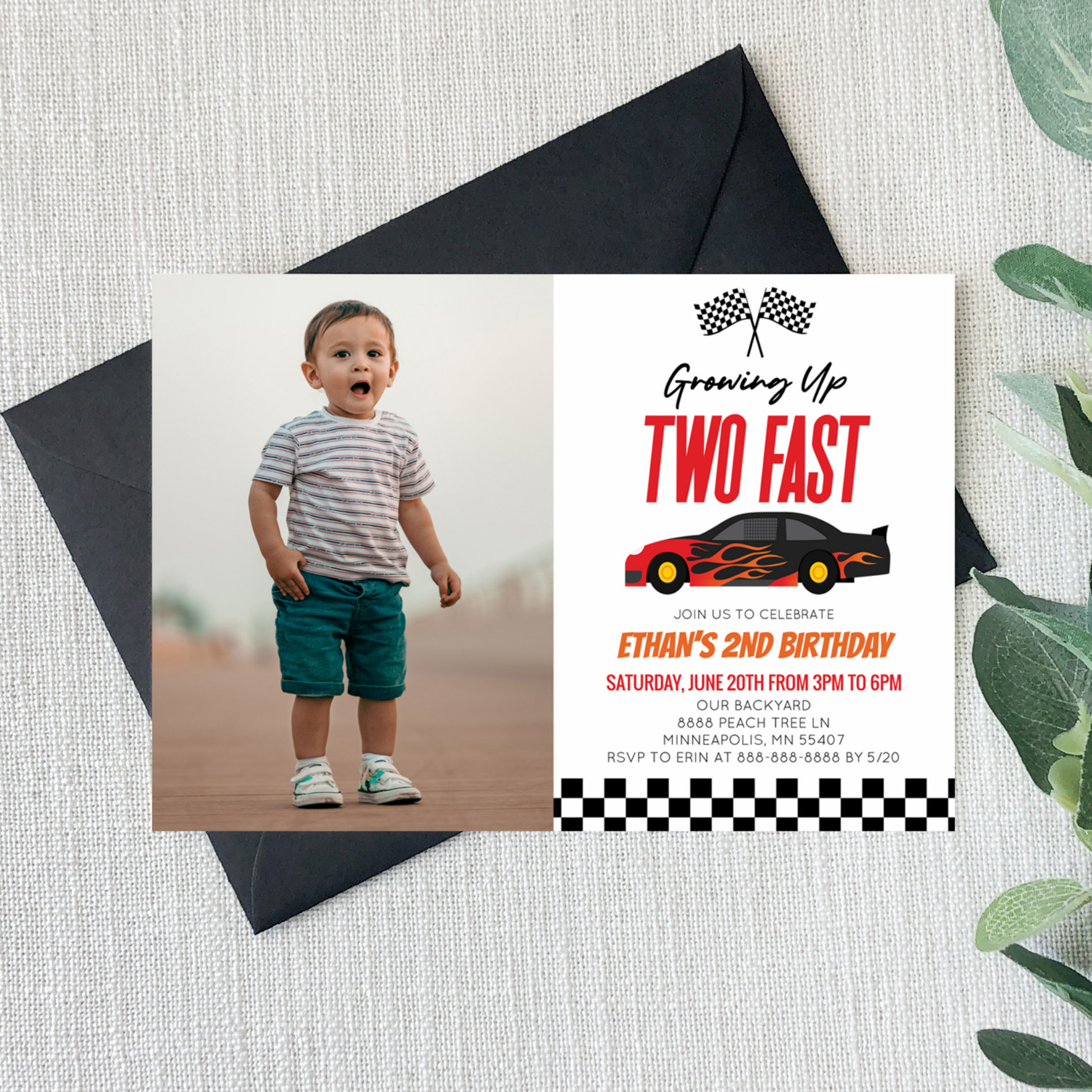 Two Fast Red Flame Race Car 2nd Birthday Party Invitation