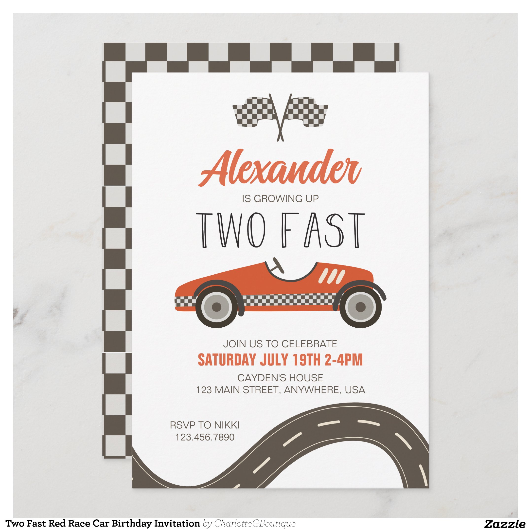 Two Fast Red Race Car Birthday Invitation