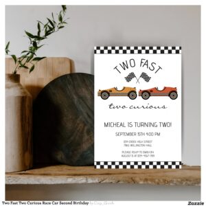 Two Fast Two Curious Race Car Second Birthday Invitation