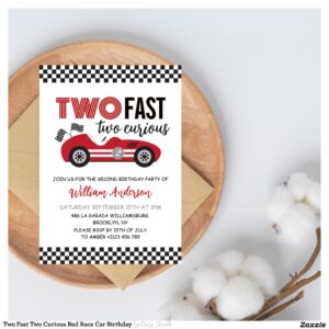 Two Fast Two Curious Red Race Car Birthday Invitation