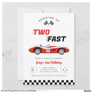 Two Fast Vintage Race Car Boy 2nd Birthday Invitation
