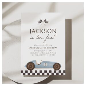 Two Fast Vintage Race Car Boy 2nd Birthday Invitation
