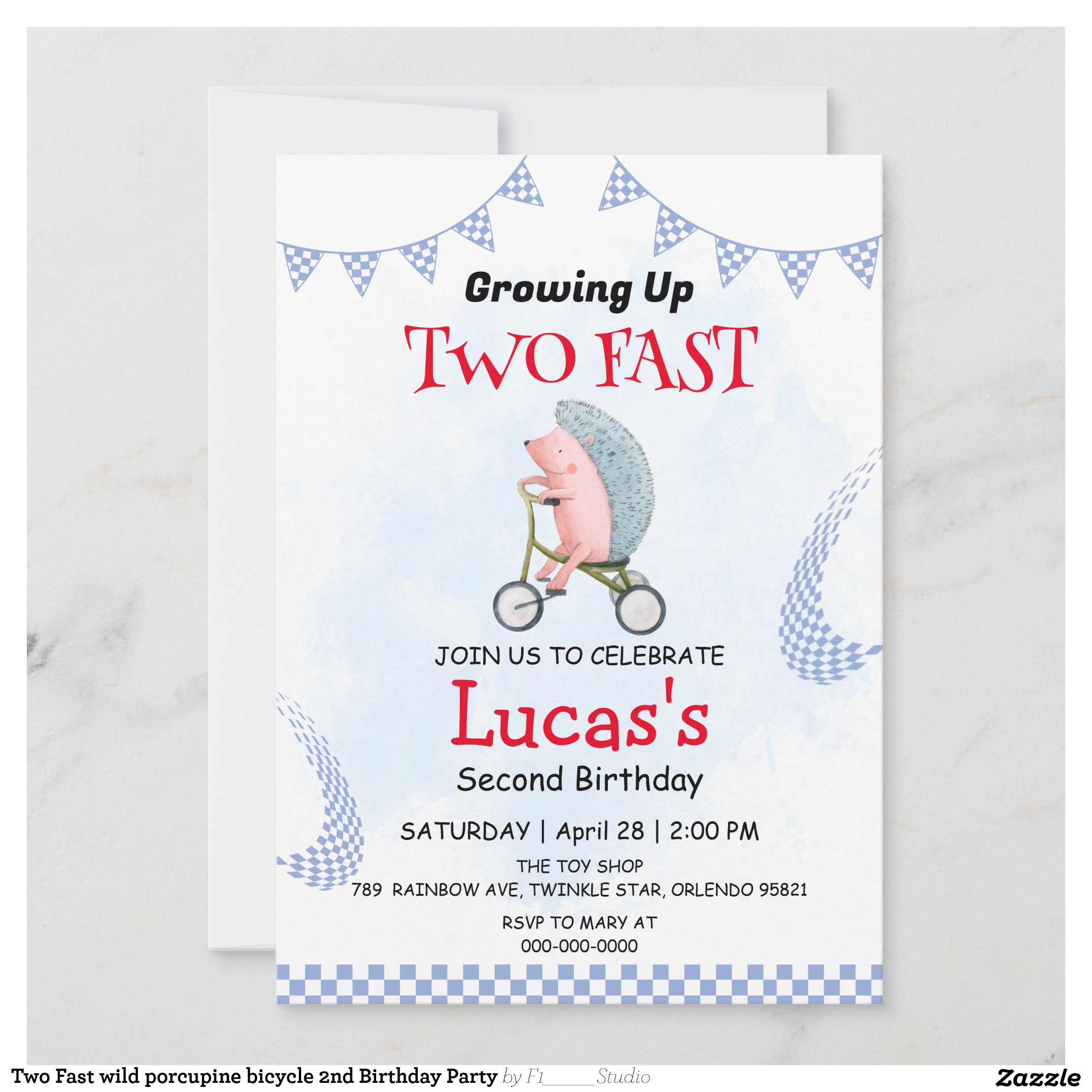 Two Fast wild porcupine bicycle 2nd Birthday Party Invitation