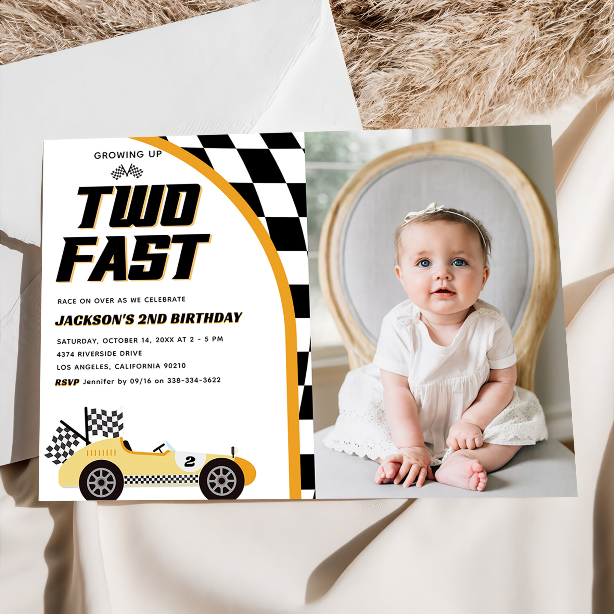Two Fast Yellow Race Car Birthday Party Photo Invitation