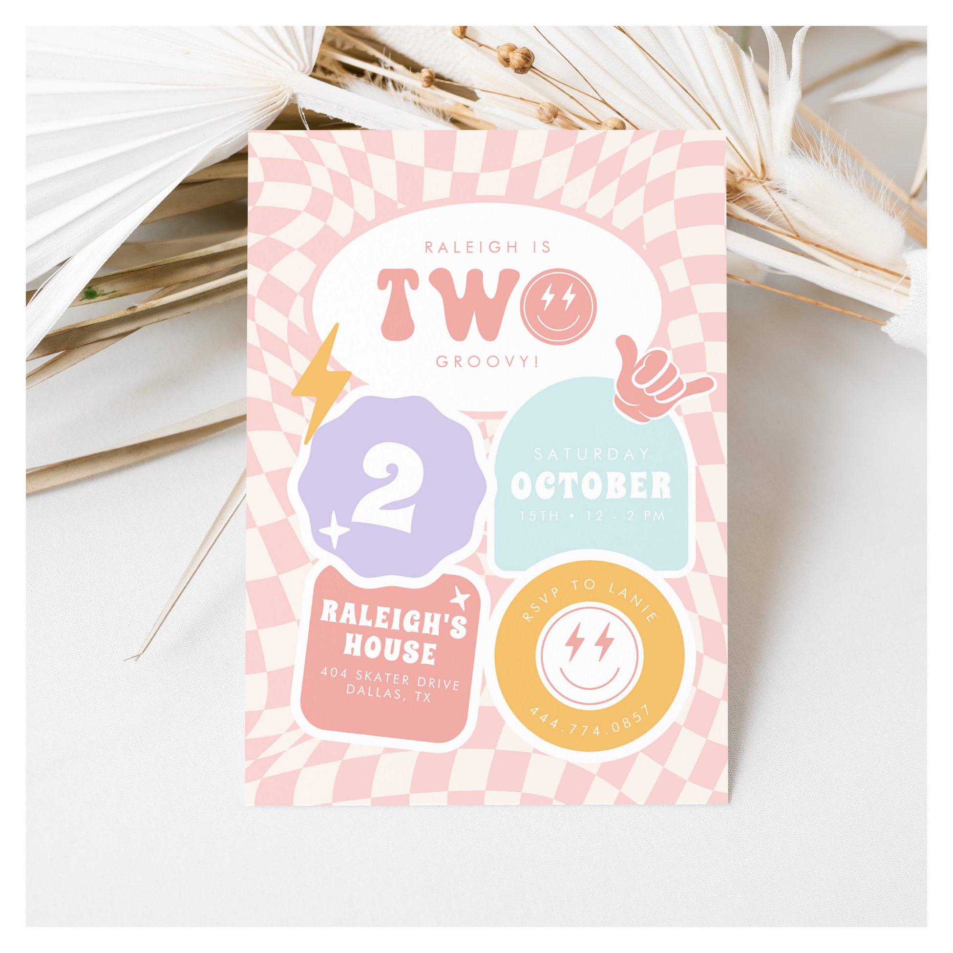 Two Groovy Girls 2nd Retro Skater Birthday Invitation