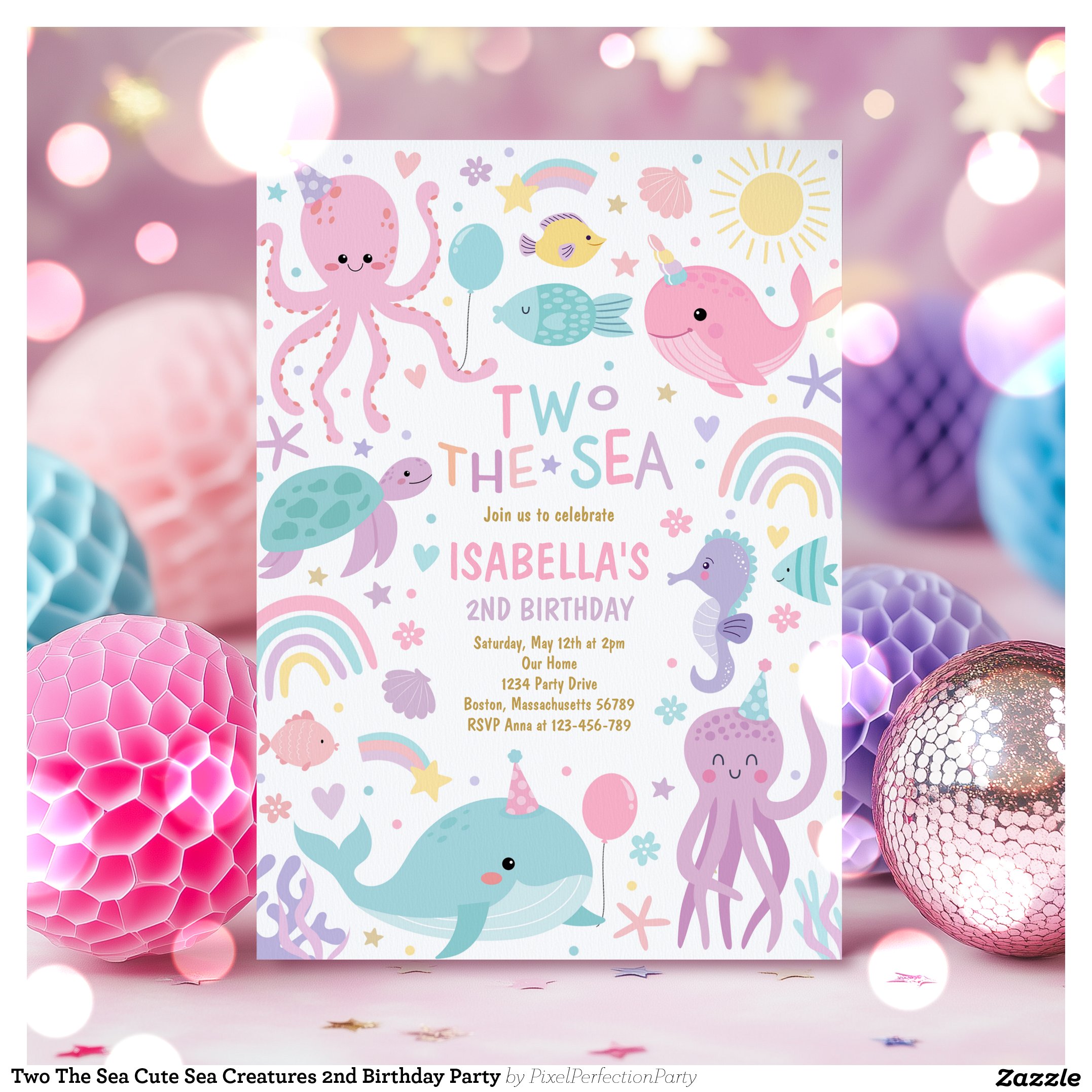 Two The Sea Cute Sea Creatures 2nd Birthday Party Invitation