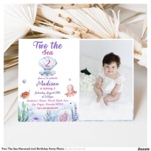 Two The Sea Mermaid 2nd Birthday Party Photo Invitation