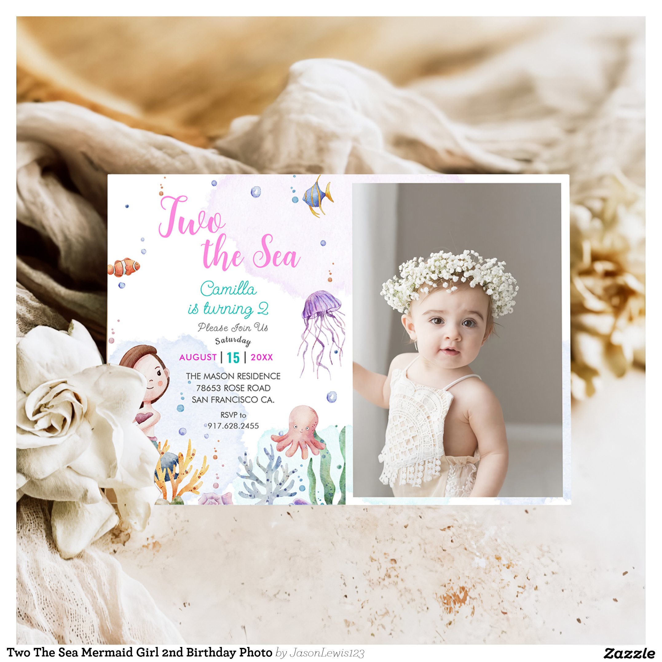Two The Sea Mermaid Girl 2nd Birthday Photo Invitation