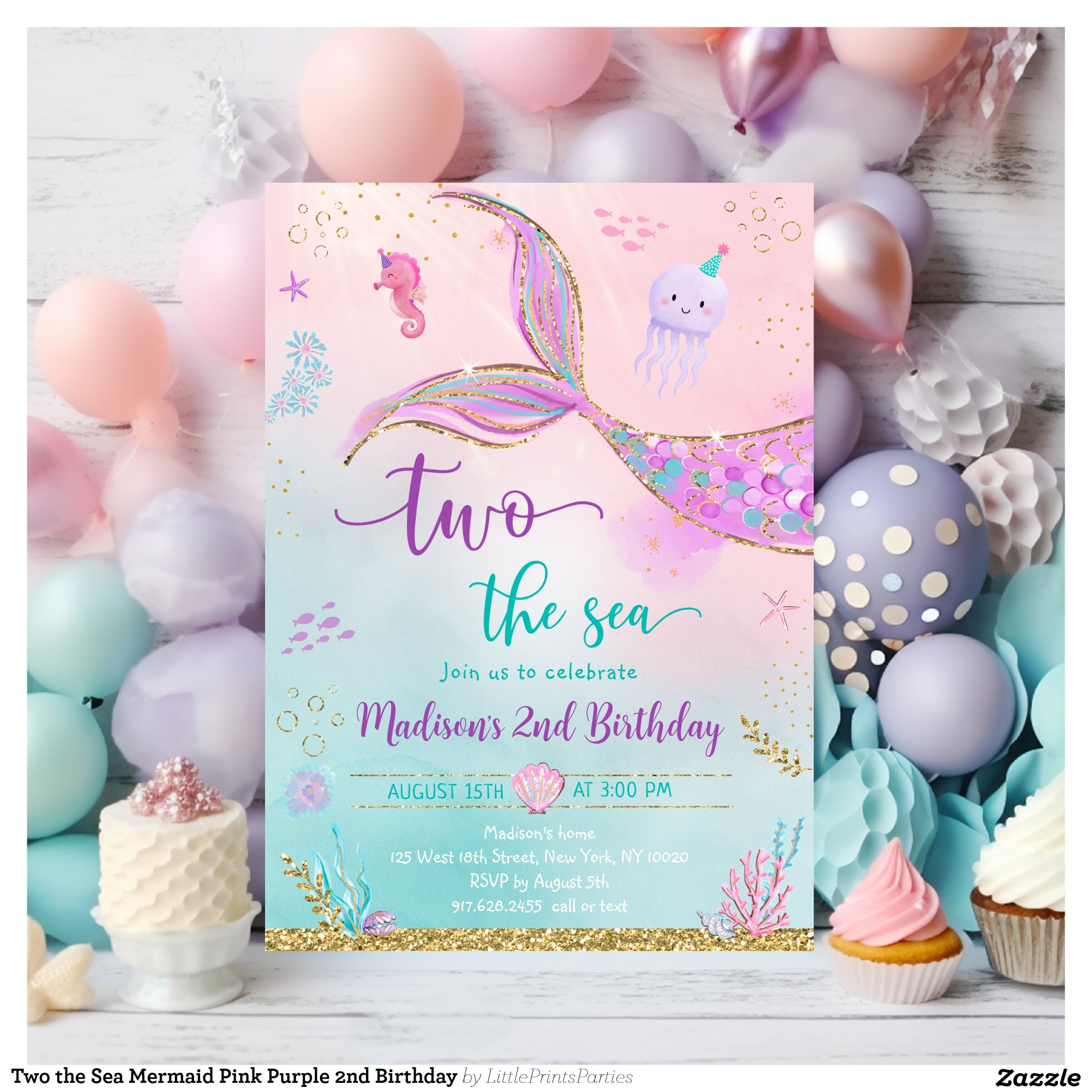 Two the Sea Mermaid Pink Purple 2nd Birthday Invitation