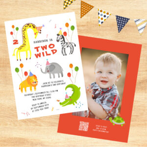 Two Wild 2nd Birthday Safari Animals Cute Photo Invitation