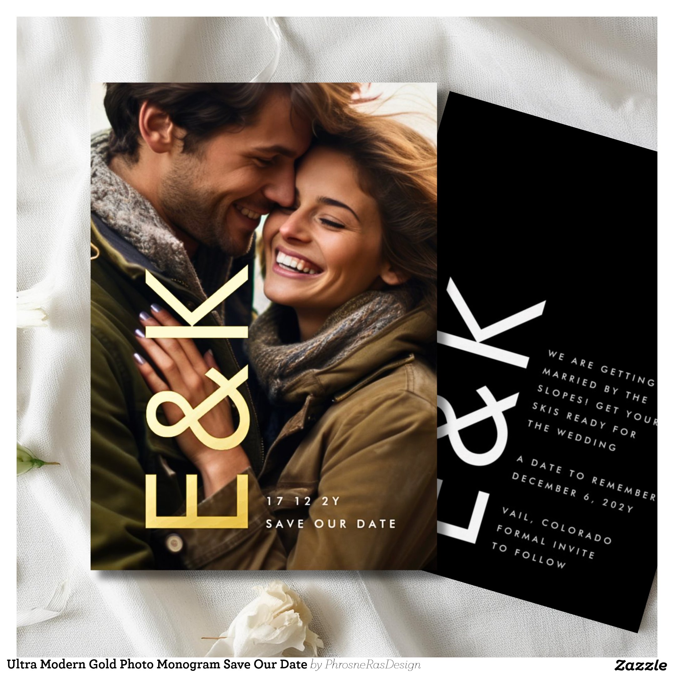 Ultra Modern Gold Photo Monogram Save Our Date Foil Invitation